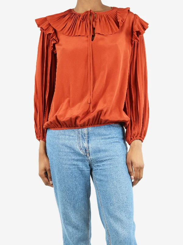 Rust silk pleated blouse - size XS