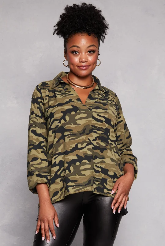 Plus Size Camo Collared V Neck Puff Sleeve Blouse