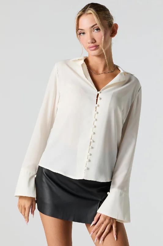 Button Front Bell Sleeve Blouse