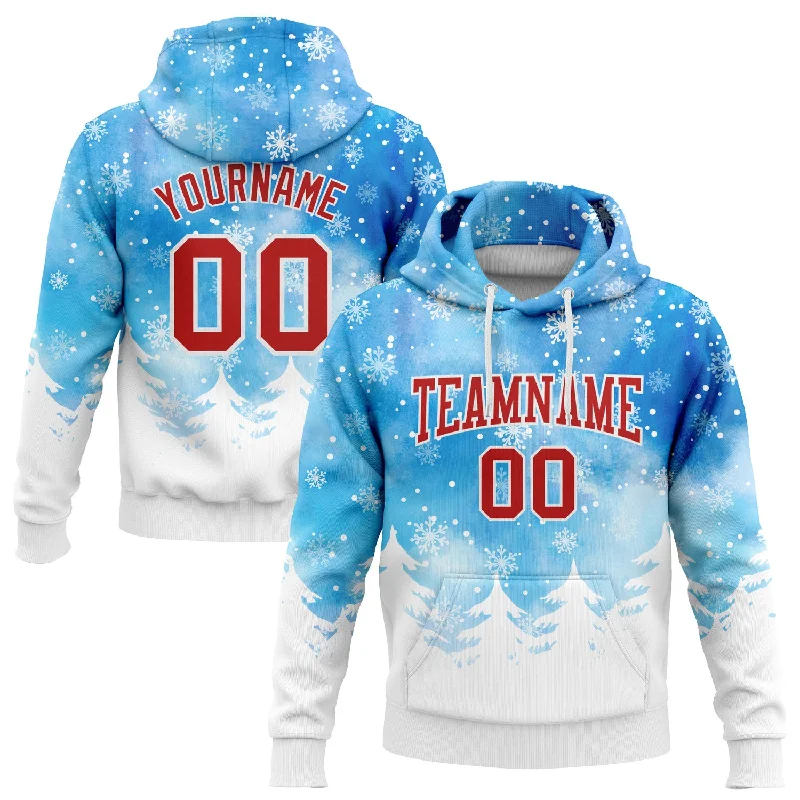 Custom Stitched Powder Blue Red-White Christmas Snowflakes 3D Sports Pullover Sweatshirt Hoodie