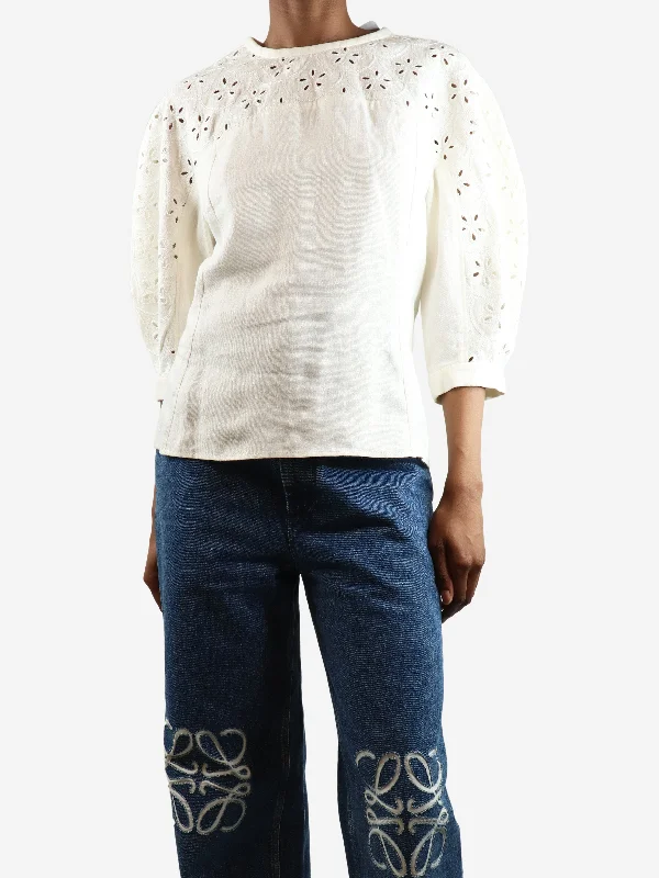 Cream embroidered linen blouse - size UK 6