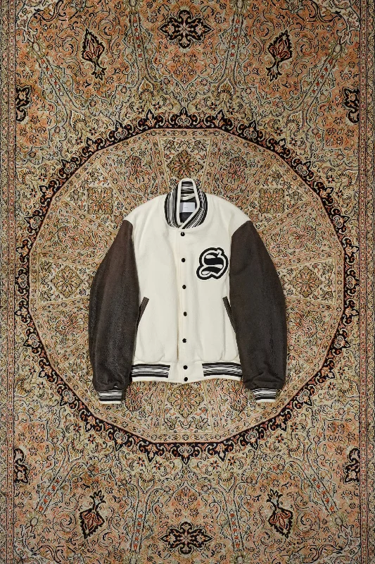 SUGARHILL GILL LEATHER STADIUM JACKET (CREAM WHITE X BLACK GILL)