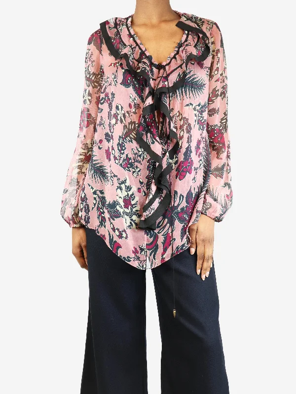 Pink printed silk blouse - size UK 6