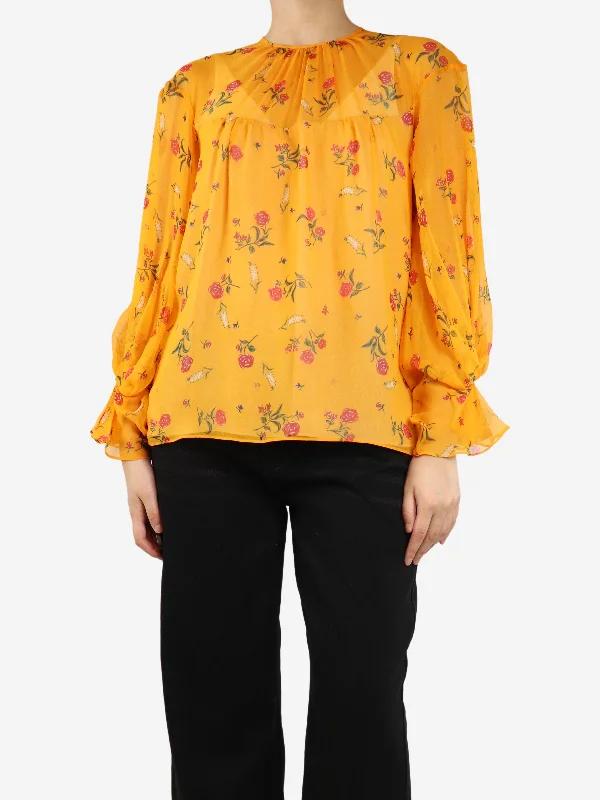 Orange silk floral blouse - size UK 8