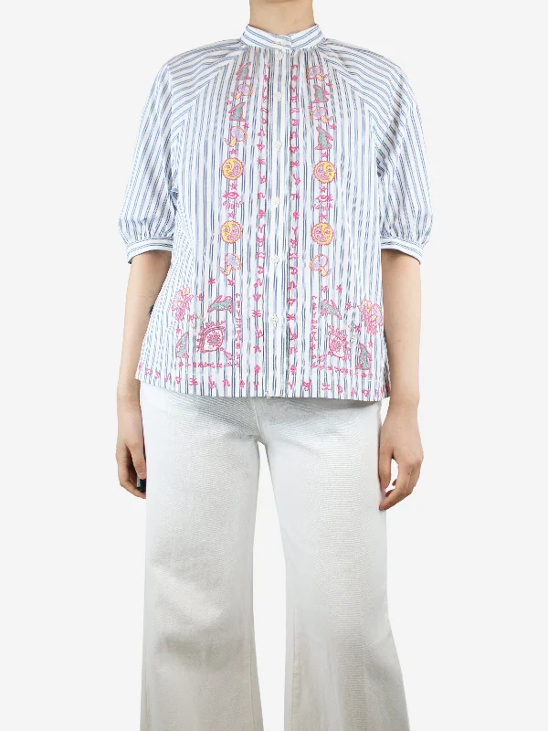 White embroidered striped blouse - size UK 8