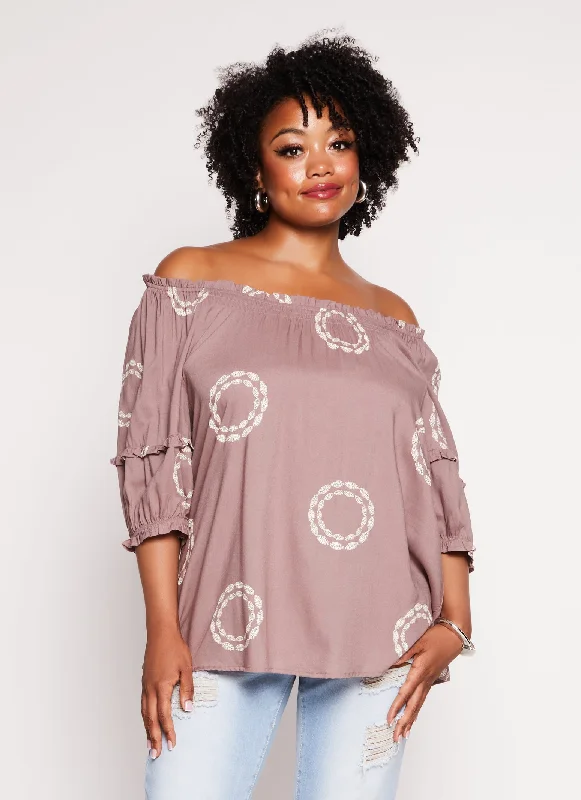 Plus Size Printed Off The Shoulder Blouse