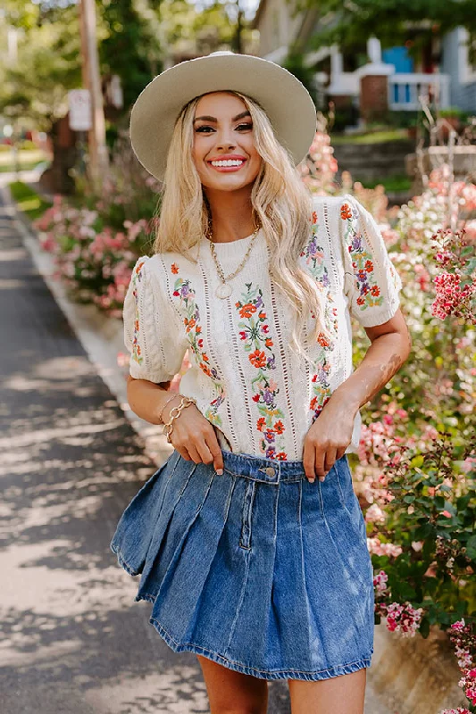 Wildflower Fields Embroidered Sweater Top in Ivory