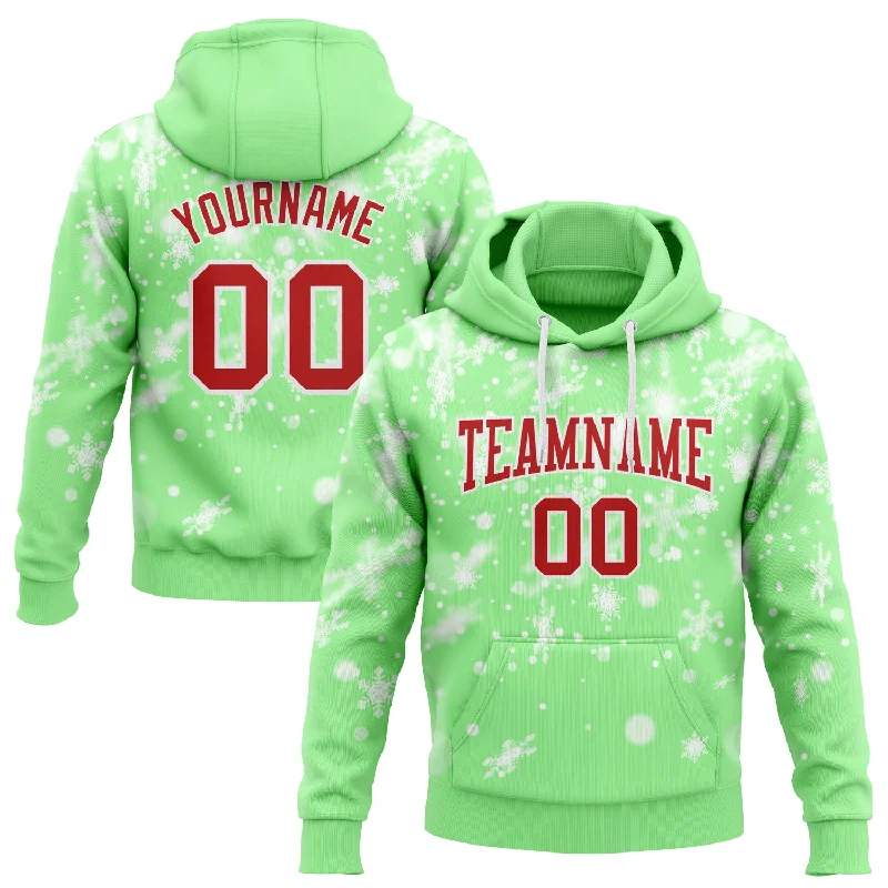 Custom Stitched Pea Green Red-White Christmas Snowflakes 3D Sports Pullover Sweatshirt Hoodie