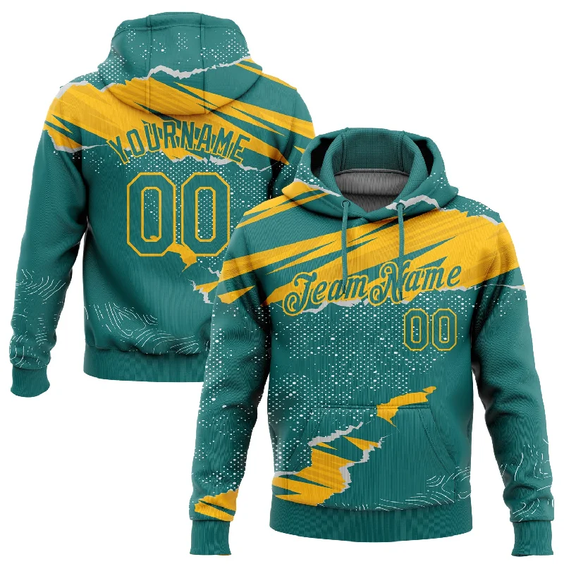 Custom Stitched Teal Gold 3D Pattern Design Torn Paper Style Sports Pullover Sweatshirt Hoodie