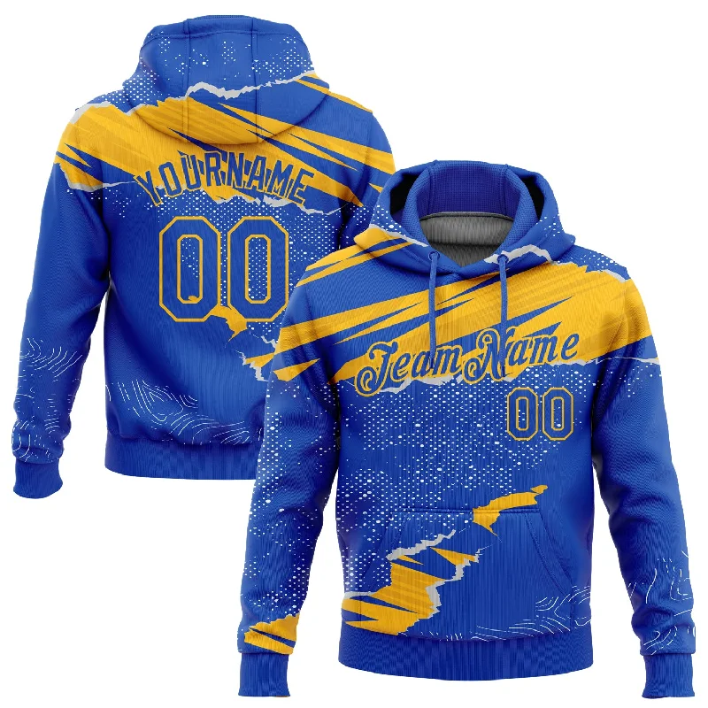 Custom Stitched Thunder Blue Gold 3D Pattern Design Torn Paper Style Sports Pullover Sweatshirt Hoodie