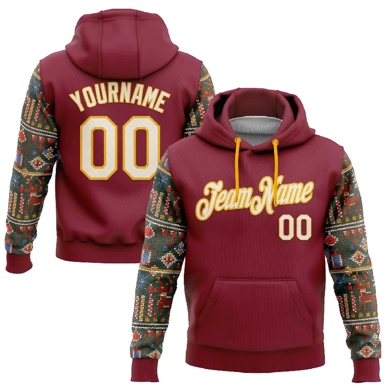 Custom Stitched Crimson Cream-Gold 3D Christmas Sports Pullover Sweatshirt Hoodie