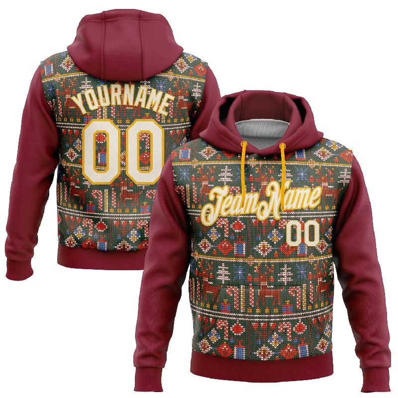 Custom Stitched Crimson Cream-Gold 3D Christmas Sports Pullover Sweatshirt Hoodie