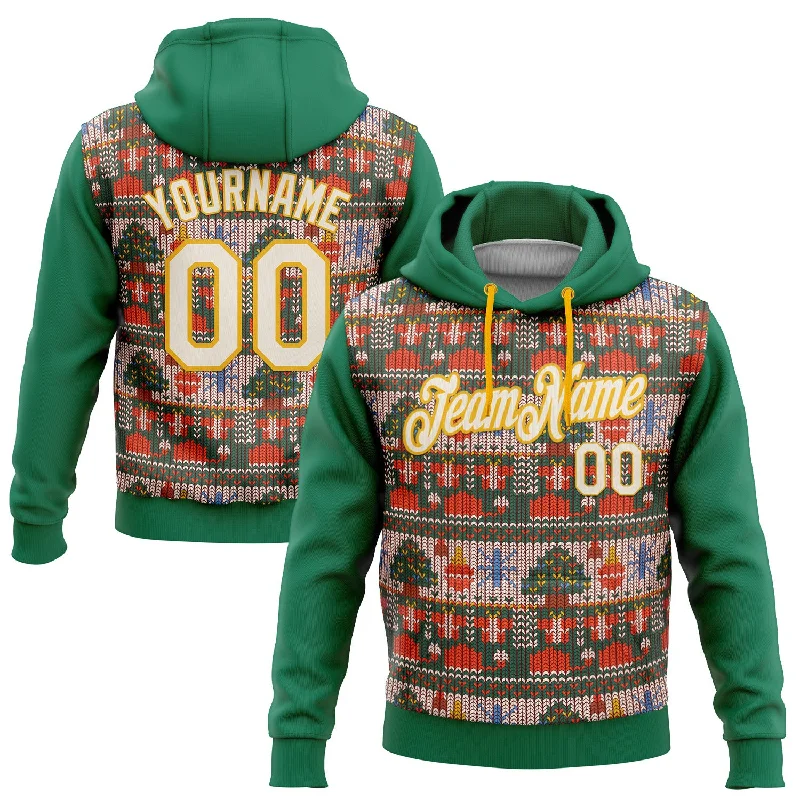 Custom Stitched Kelly Green Cream-Gold 3D Christmas Sports Pullover Sweatshirt Hoodie