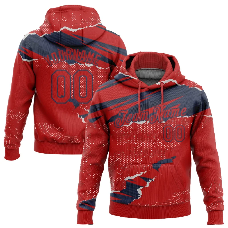 Custom Stitched Red Navy 3D Pattern Design Torn Paper Style Sports Pullover Sweatshirt Hoodie