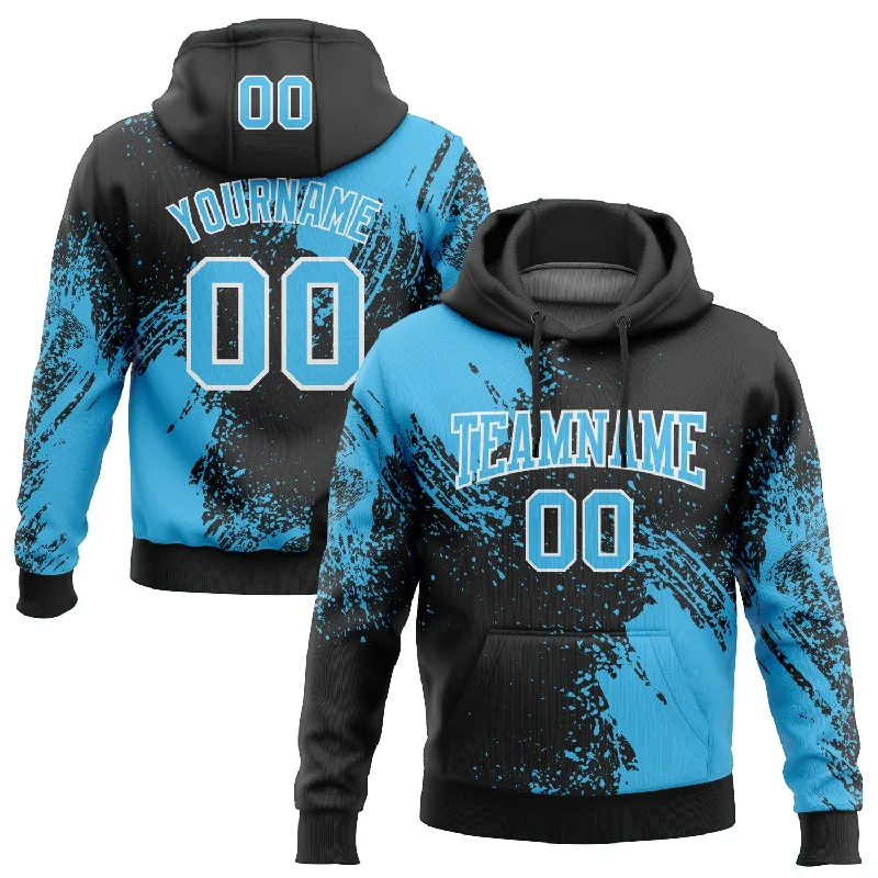 Custom Stitched Black Sky Blue-White 3D Pattern Design Abstract Brush Stroke Sports Pullover Sweatshirt Hoodie