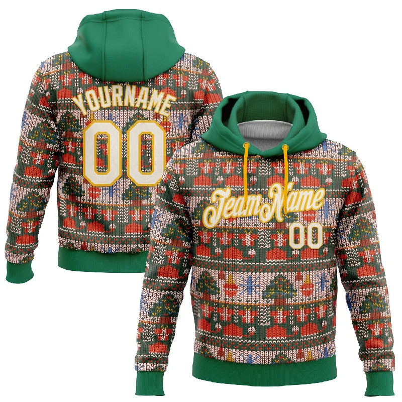 Custom Stitched Kelly Green Cream-Gold 3D Christmas Sports Pullover Sweatshirt Hoodie