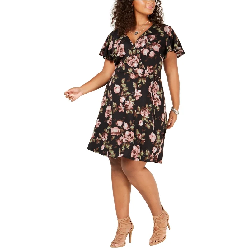 BCX Womens Floral Flounce Wrap Dress, Black, 2X