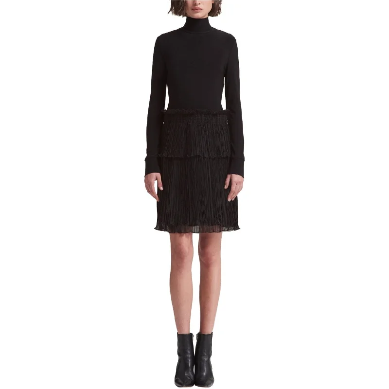 DKNY Womens Turtleneck Pleated Tiered Dress, Black, Medium