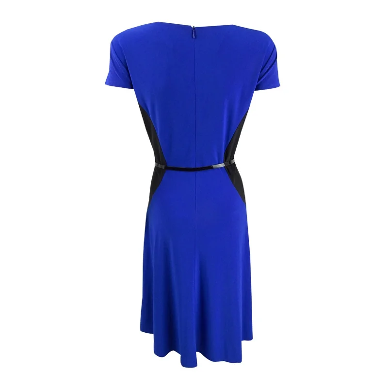 Jessica Howard Womens 2-Tone Belted A-line Dress, Blue, 16