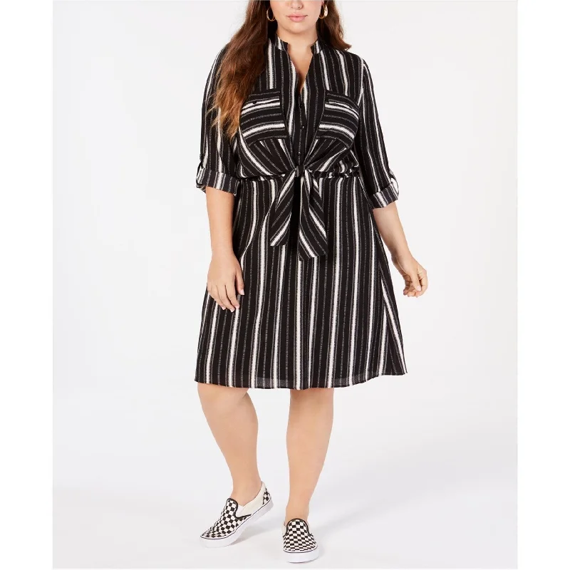 Monteau Womens Striped Pocket A-line Dress, Black, 1X