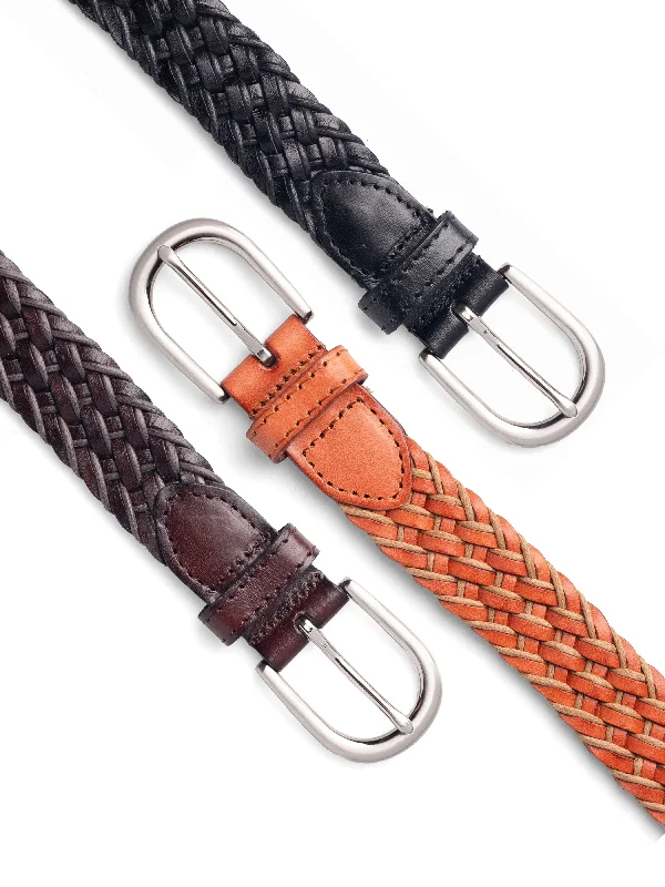 Braided Leather Belt with Silver-Toned Buckle