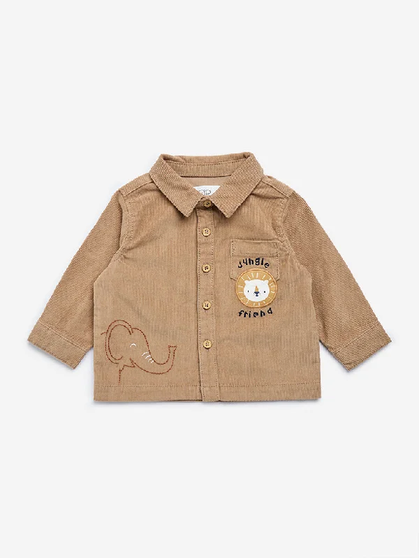 HOP Baby Brown Animal Embroidered Cotton Blend Shirt