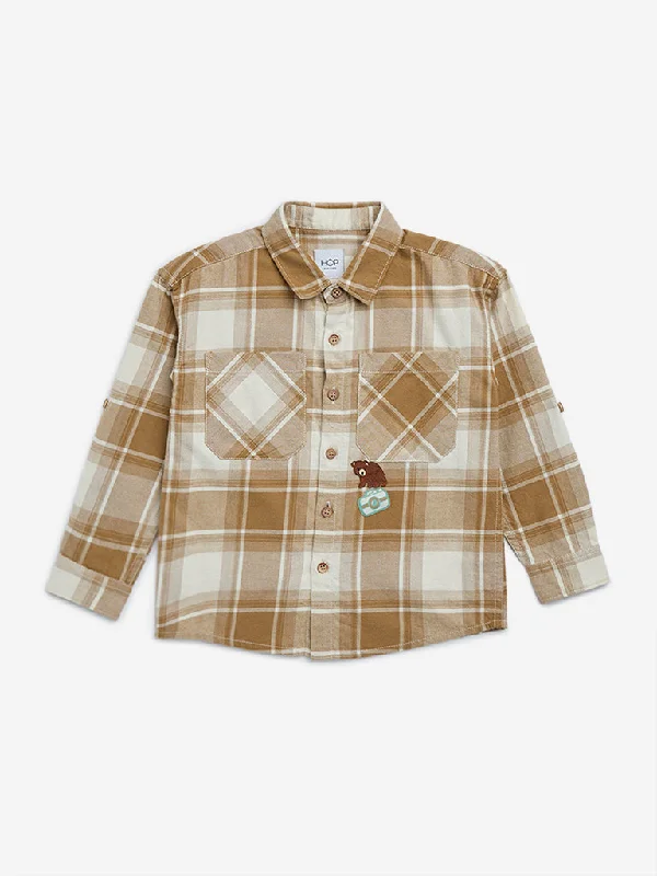 HOP Kids Beige Checkered Cotton Shirt