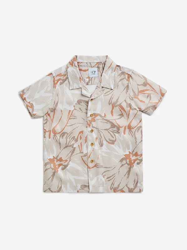 HOP Kids Beige Floral Printed Resort-Fit Shirt