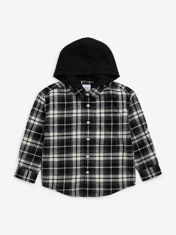 HOP Kids Black Checkered Cotton Hooded Shirt