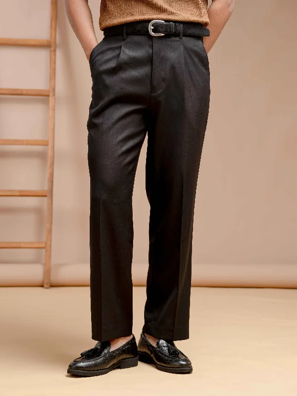 Trousers With Belt Loop - Jet Black Plain (Wide Fit)