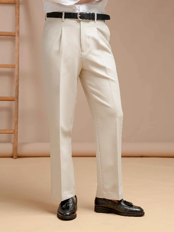 Trousers With Belt Loop - Sand White Plain (Wide Fit)