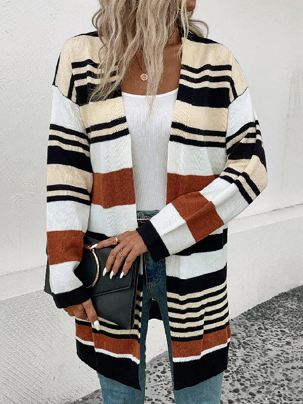 Perfee Striped Open Front Drop Shoulder Cardigan